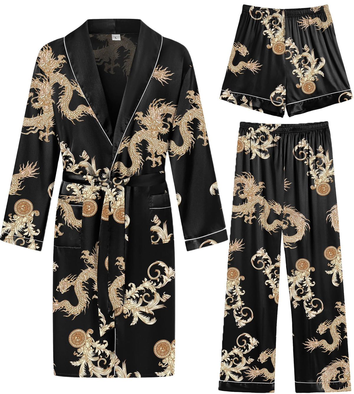 SWOMOG Men's Satin Robe 3 Pcs Silky Kimono Bathrobe Set Lightweight Soft Loungewear Nightwear