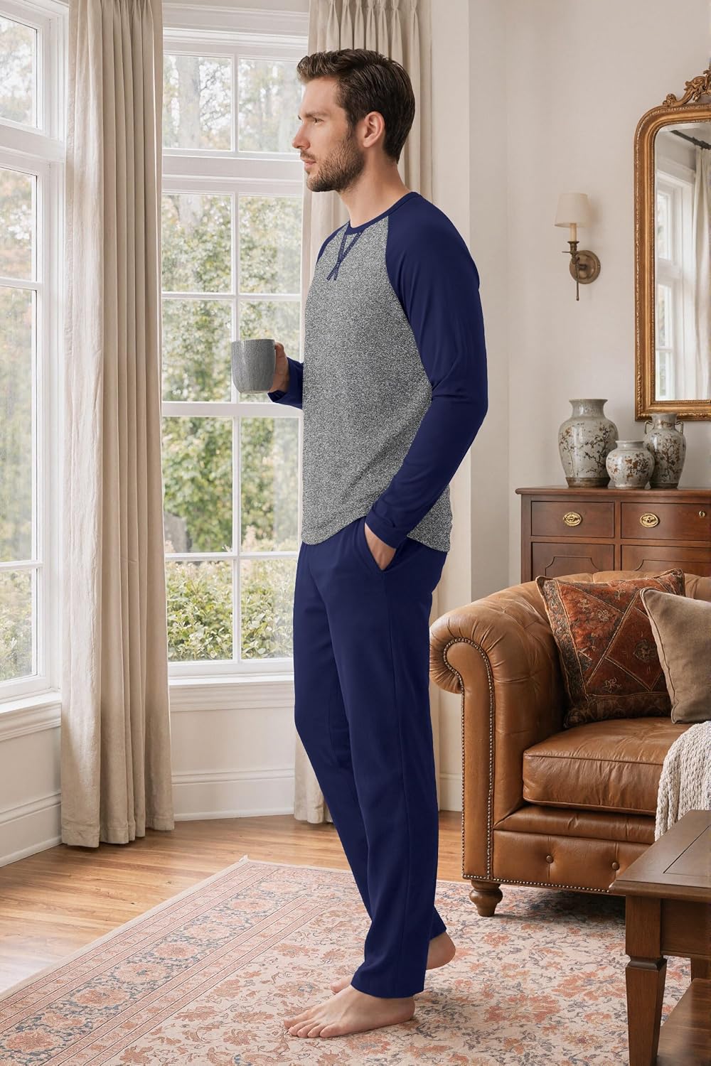 Ekouaer Mens Pajama Set Long Sleeve PJs Lightweight Sleepwear with Pockets