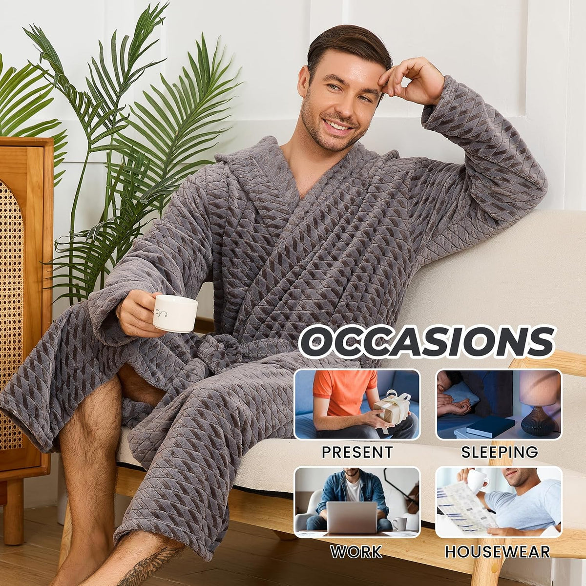U2SKIIN Mens Plush Fleece Hooded Robe, Soft Warm Long Bathrobe with Pockets, Cozy Spa Shower Robe for Men
