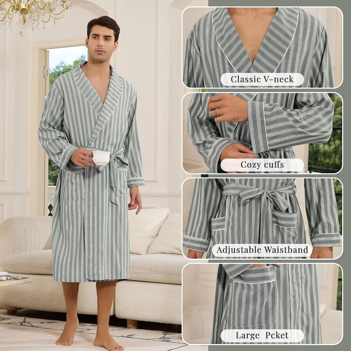 Vulcanodon Mens Robe, Lightweight Breathable Kimono Bathrobe, Soft Sleepwear