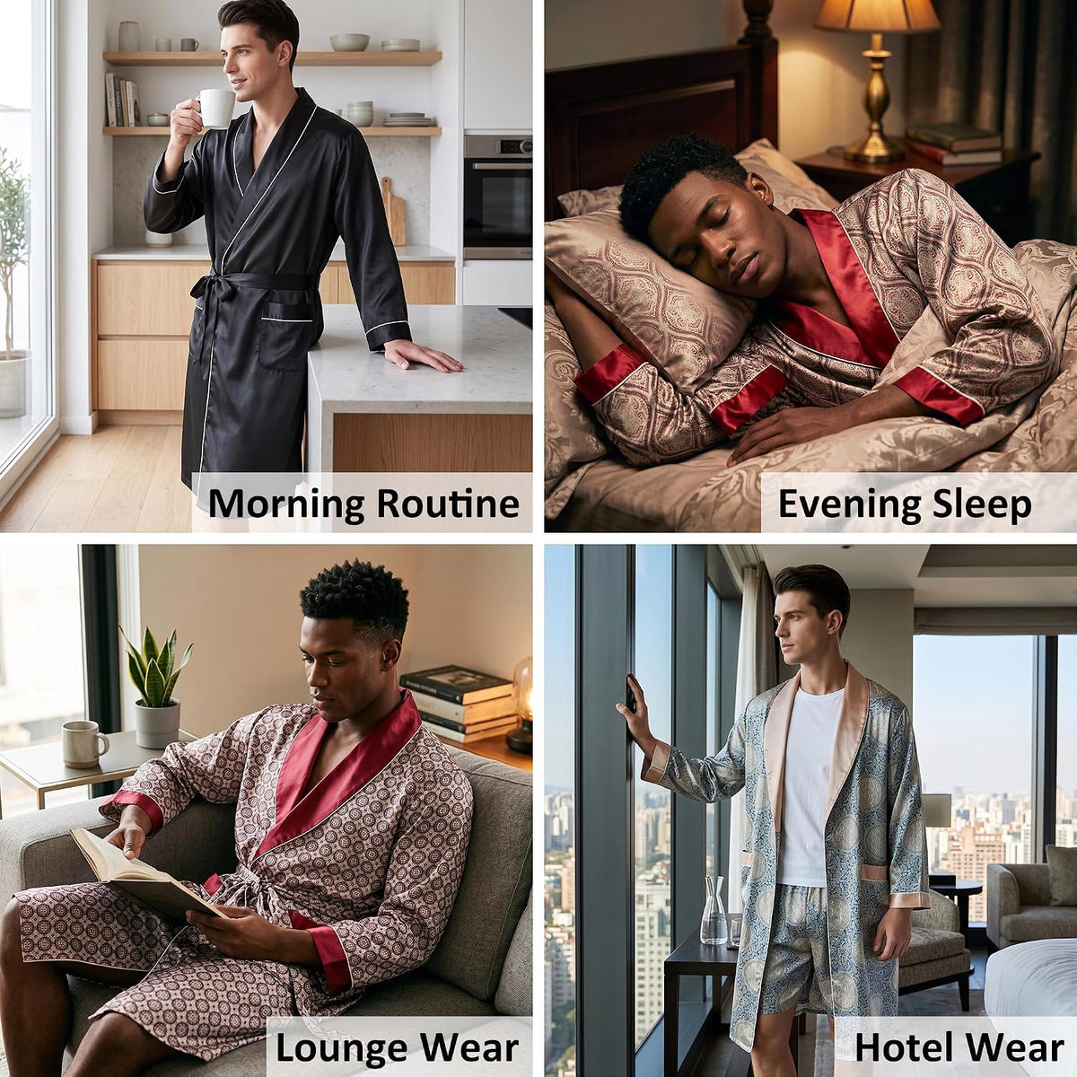 Haseil Men's Luxurious Kimono Robe with Shorts Silk Satin Bathrobes Lightweight Long Sleeve Sleepwear Set
